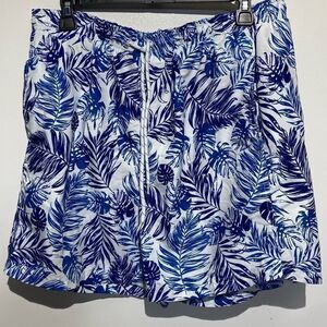 BOCA Classics Men's Blue White Palm Print Mesh Lined Swim Trunks Medium